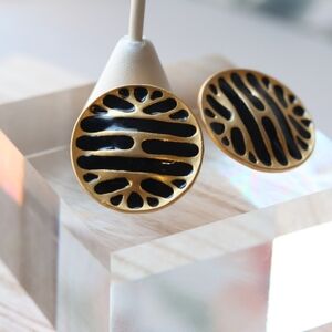 Vintage Gold-tone and Black Enamel Round Clip-on Earrings